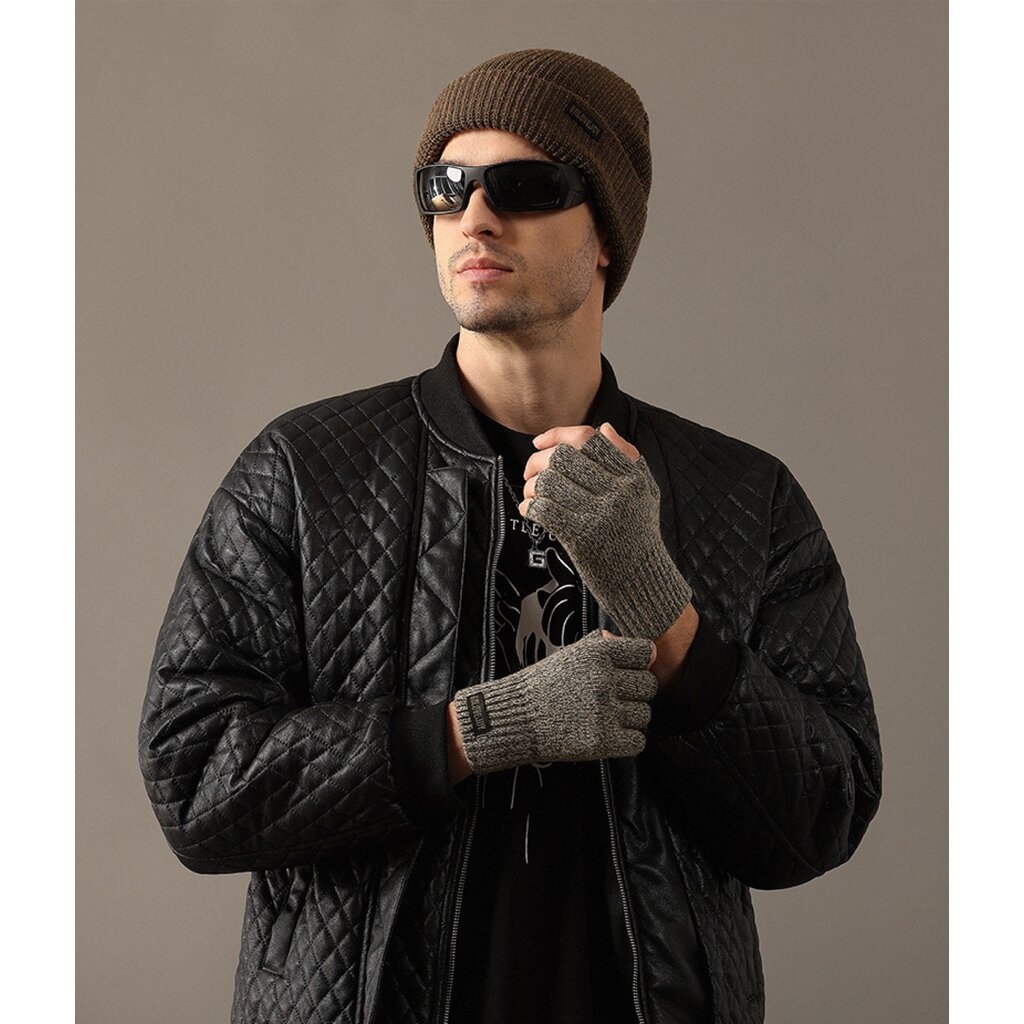 Su.B.dgn Herren Fingerlose Winterhandschuhe,  50% Wolle, 50% Acryl, Offene Fingerspitzen für Tippen, Fahren - Brau