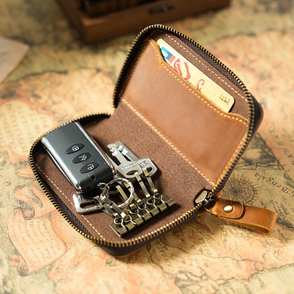 Su.B.dgn Premium Leather Key Case, Genuine Cowhide with Card Slot,  Fits Car Key Fob - Brown