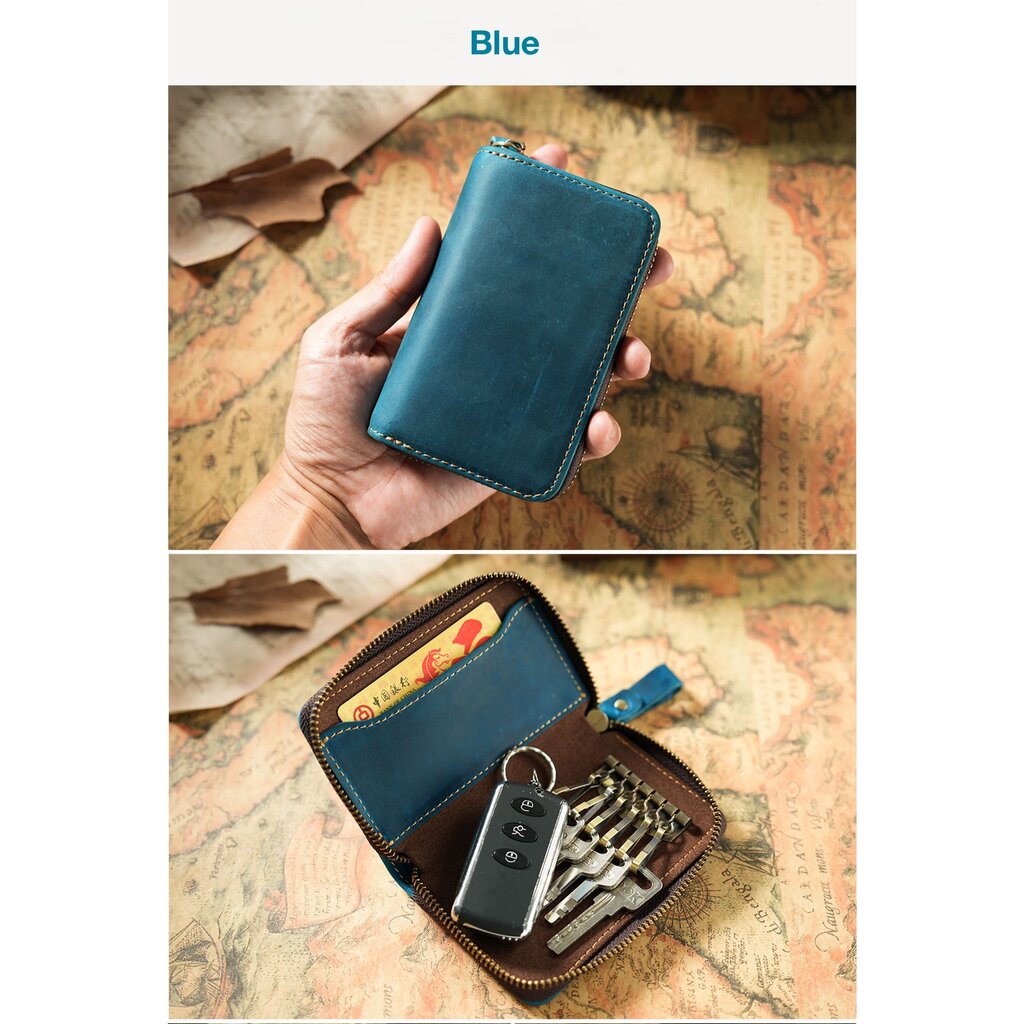Su.B.dgn Premium Leather Key Case, Genuine Cowhide with Card Slot,  Fits Car Key Fob - Blue