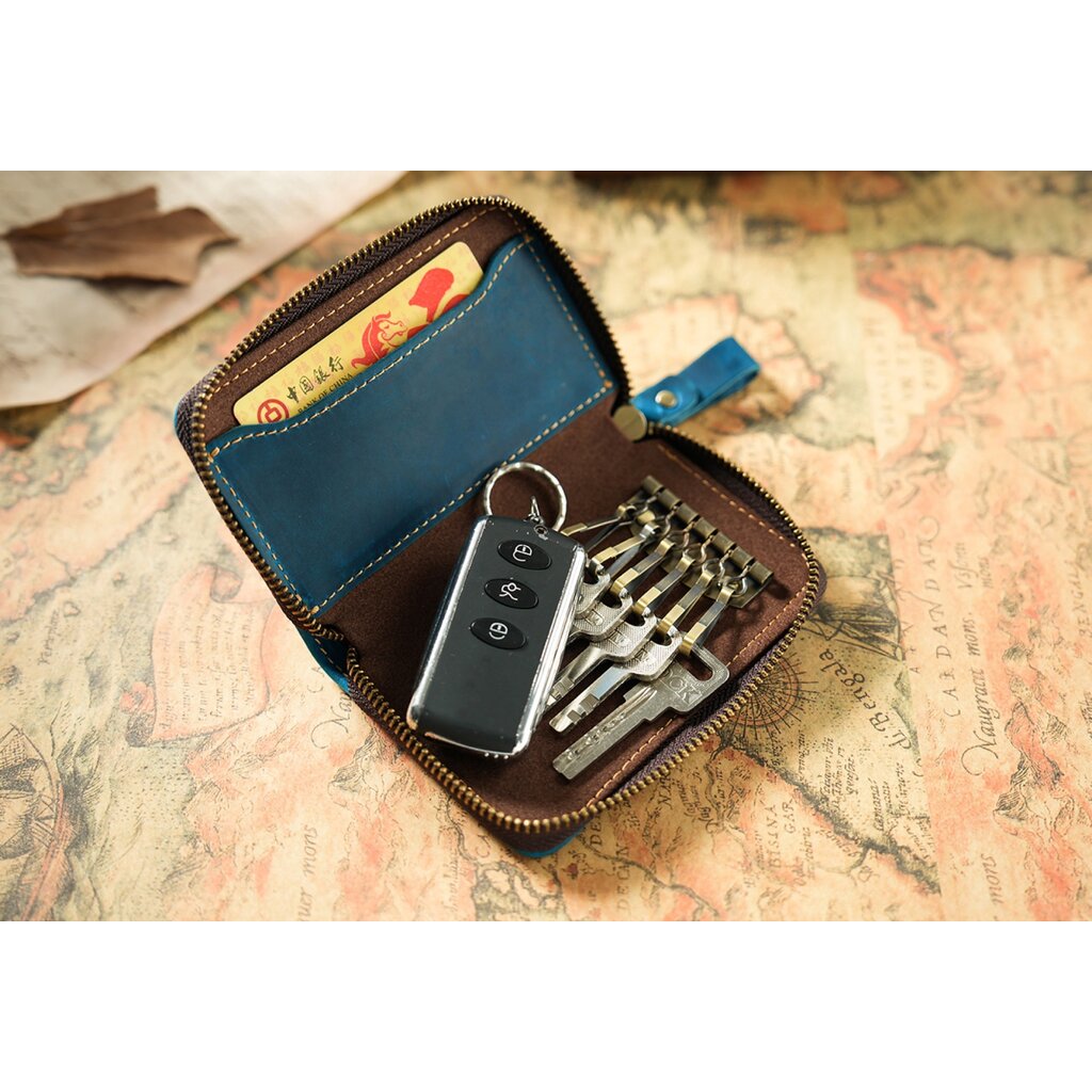 Su.B.dgn Premium Leather Key Case, Genuine Cowhide with Card Slot,  Fits Car Key Fob - Blue