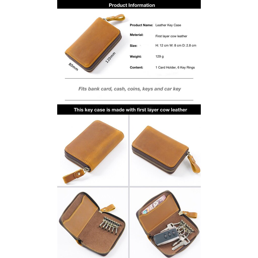 Su.B.dgn Premium Leather Key Case, Genuine Cowhide with Card Slot,  Fits Car Key Fob - Red