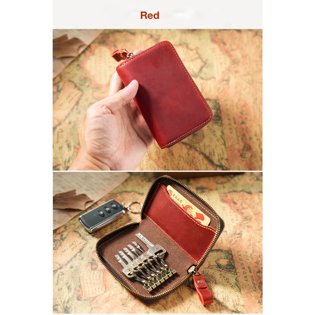 Su.B.dgn Premium Leather Key Case, Genuine Cowhide with Card Slot,  Fits Car Key Fob - Red