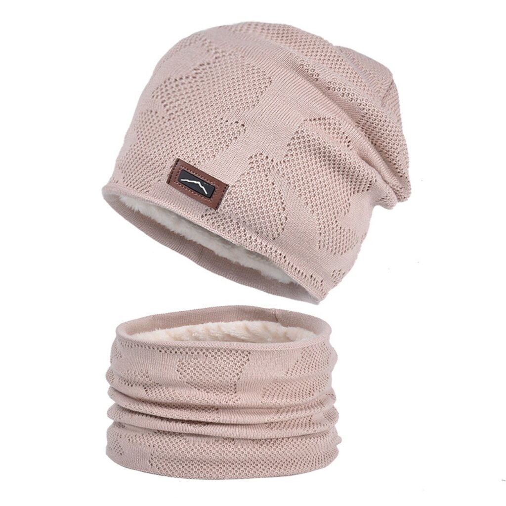 Su.B.dgn Muts, en Nekwarmer  Set, Heren Dames, Beanie, Ski Muts,  Dubbele Lagen Colsjaal, Unisex, One Size –Beige