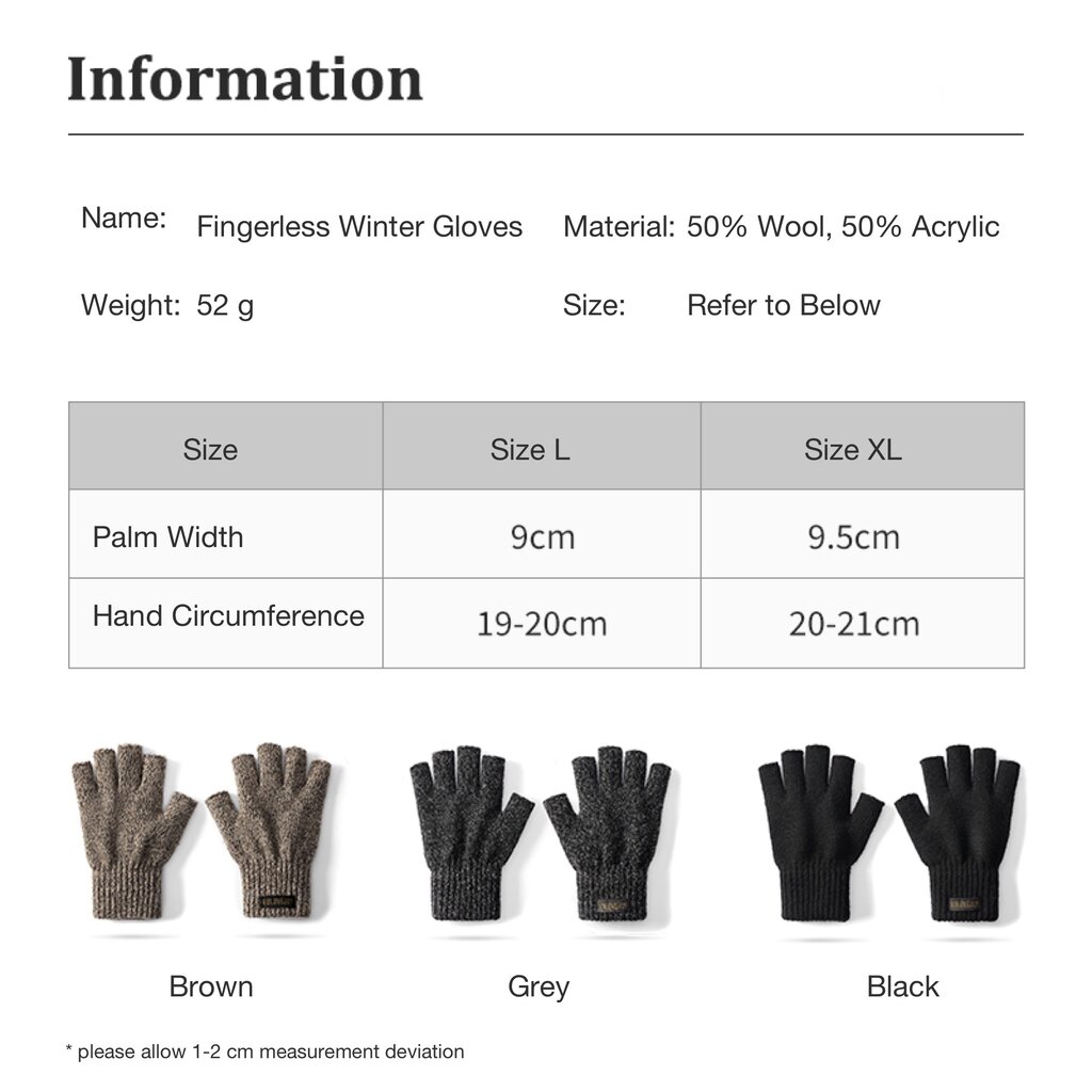 Su.B.dgn Herren Fingerlose Winterhandschuhe,  50% Wolle, 50% Acryl, Größe XL, Offene Fingerspitzen für Tippen, Fahren- Schwarz