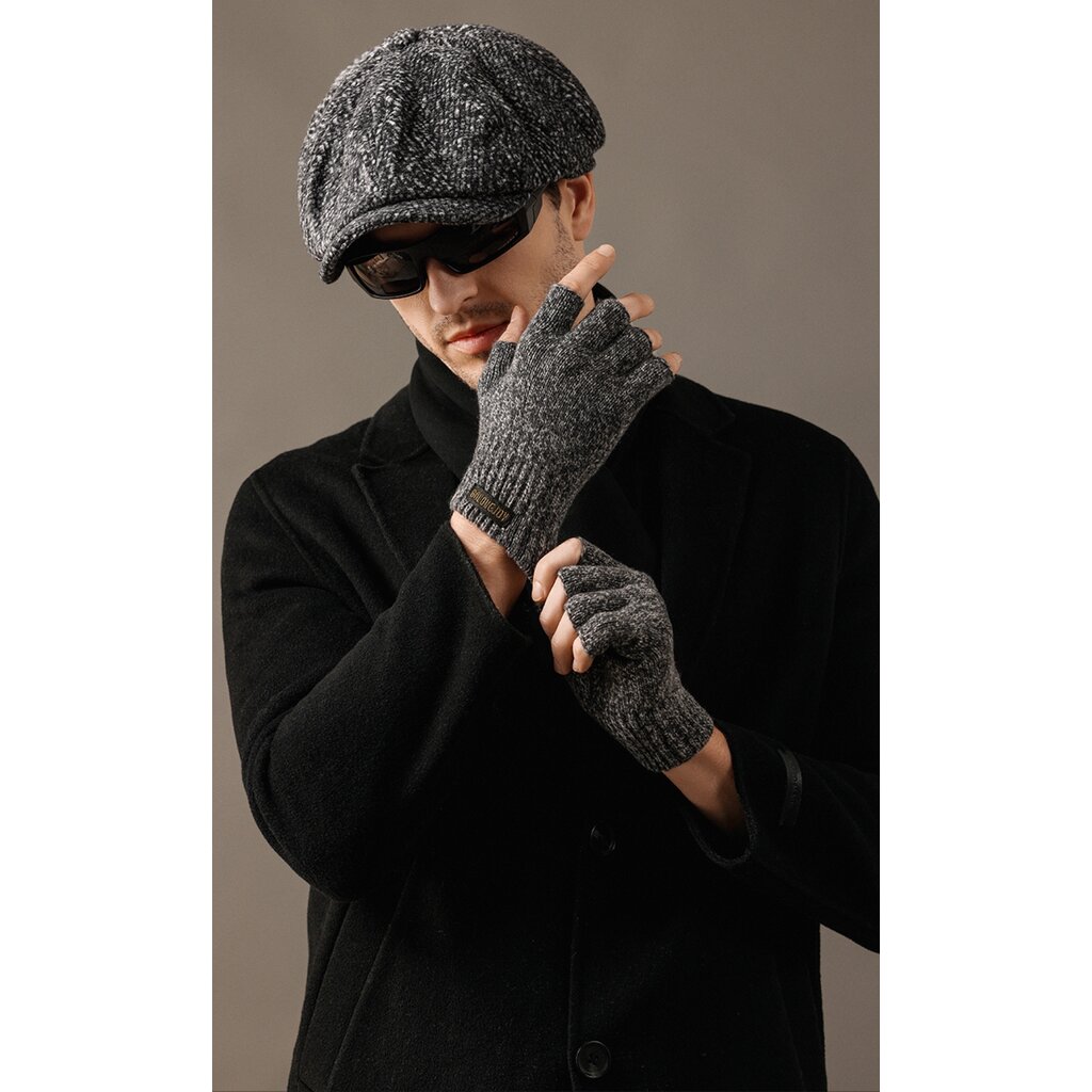 Su.B.dgn Men's Fingerless Winter Gloves - 50% Wool, 50% Acrylic, Size XL, Open-Fingertip for Typing  Driving - Black