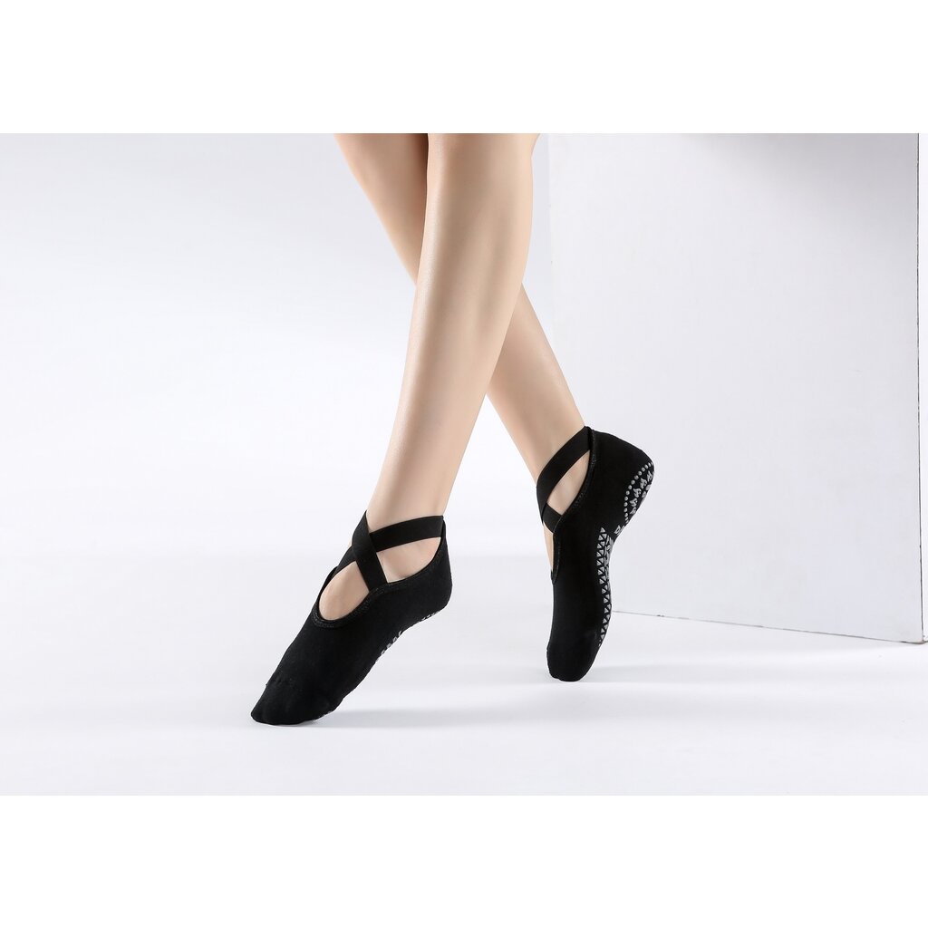 Women's Non-Slip Yoga Socks, Cotton + PVC Grip for Pilates, Barre, Fitness, Fits Size 36-40 - Black