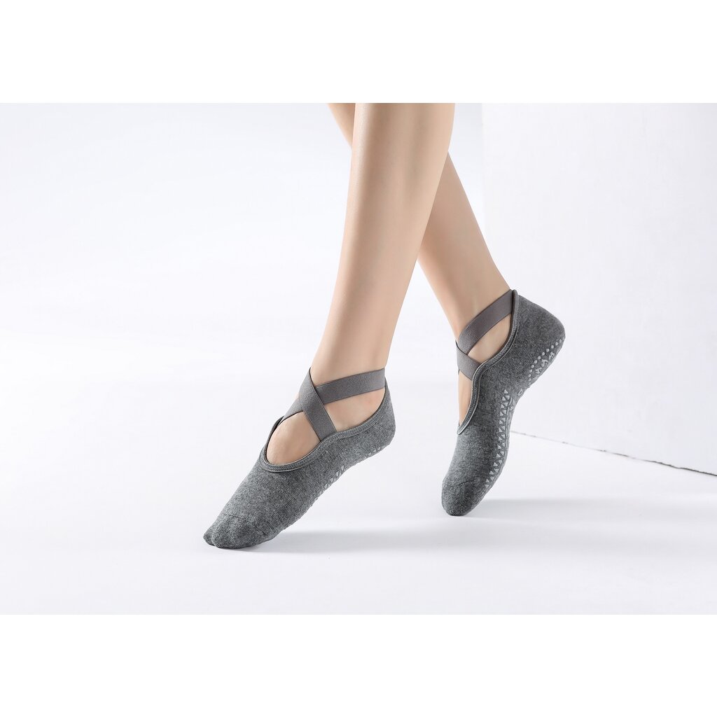 Damen Anti-Rutsch Yoga Socken - Baumwolle + PVC Griff für Pilates, Barre und Fitness,  Passend für Größe 36-40 - Grau