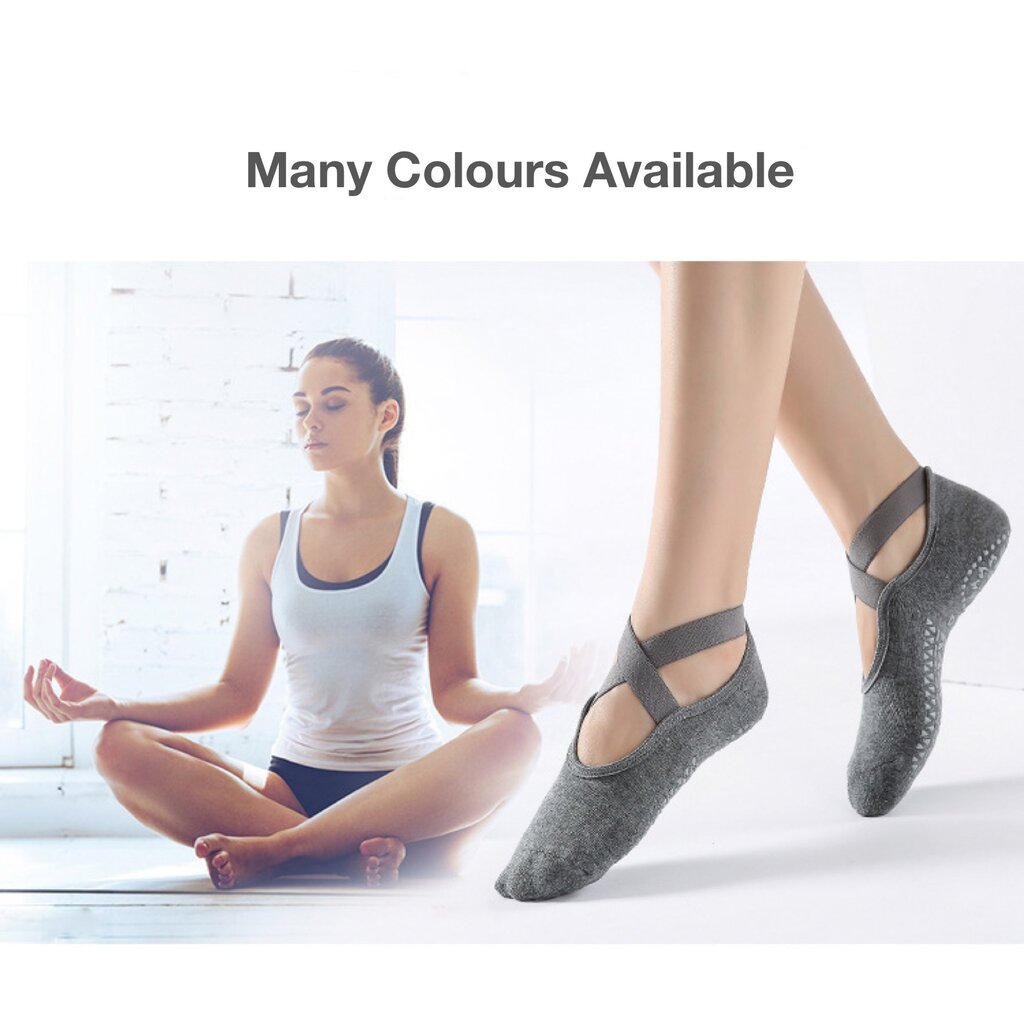 2 Pairs Women's Non-Slip Yoga Socks, Cotton + PVC Grip for Pilates, Barre, Fitness, Fits Size 36-40 - Black Red