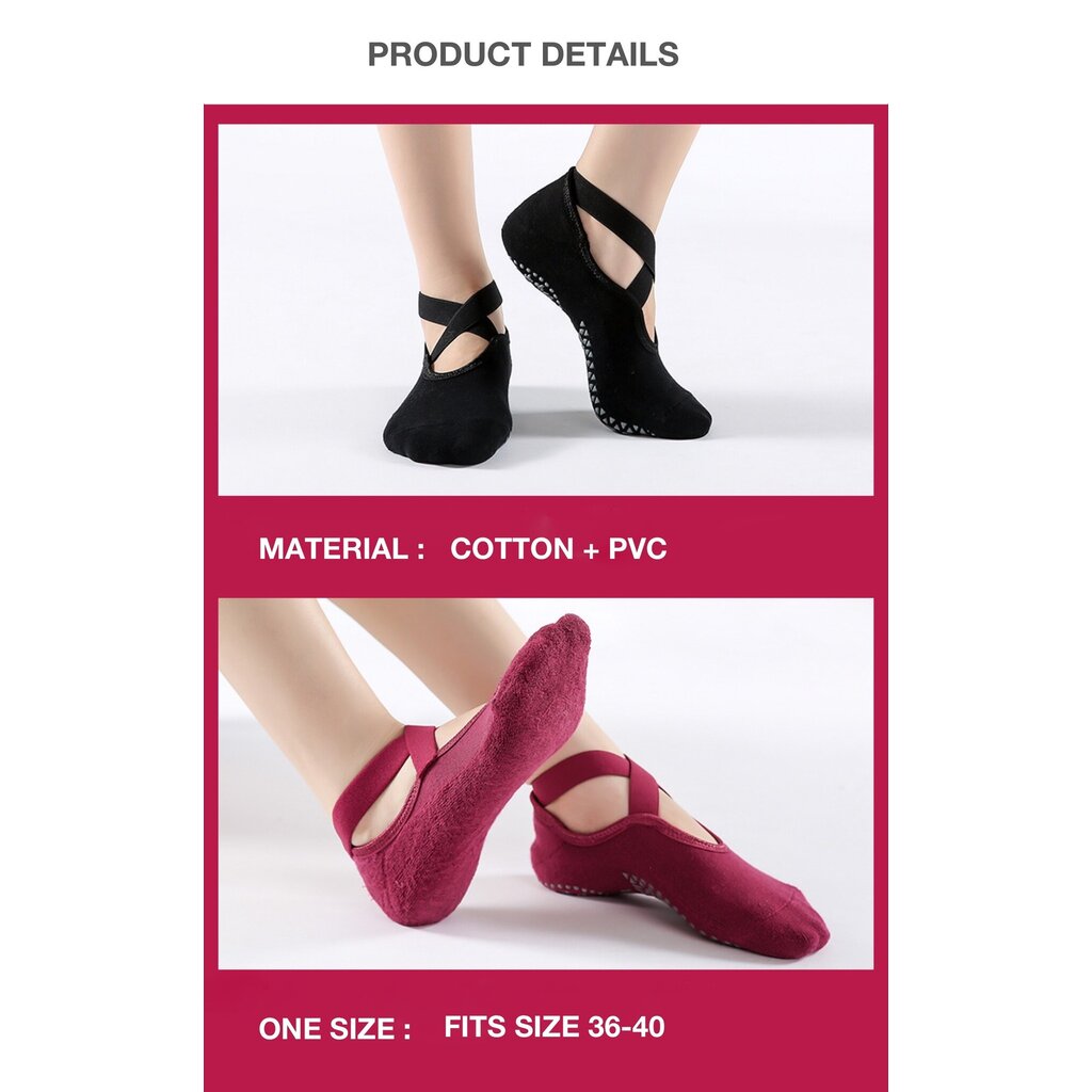 2 Paar Damen Anti-Rutsch Yoga Socken - Baumwolle + PVC Griff für Pilates, Barre und Fitness,  Passend für Größe 36-40 - Schwarz Rot