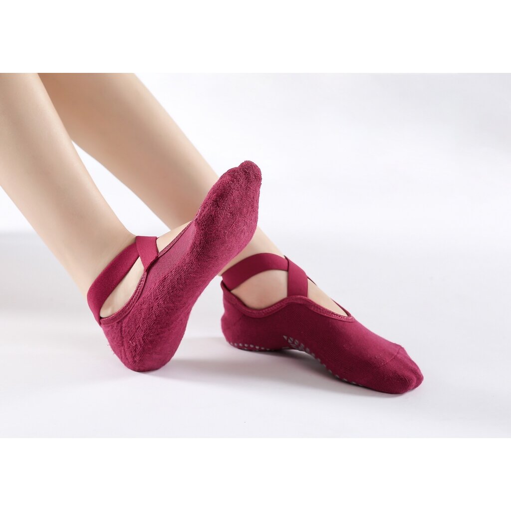 2 Paar Damen Anti-Rutsch Yoga Socken - Baumwolle + PVC Griff für Pilates, Barre und Fitness,  Passend für Größe 36-40 - Schwarz Rot