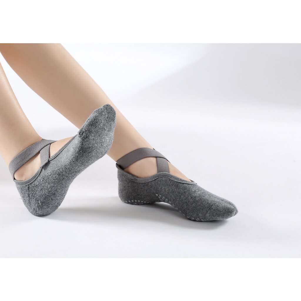 2 Pairs Women's Non-Slip Yoga Socks, Cotton + PVC Grip for Pilates, Barre, Fitness, Fits Size 36-40 - Black Gray