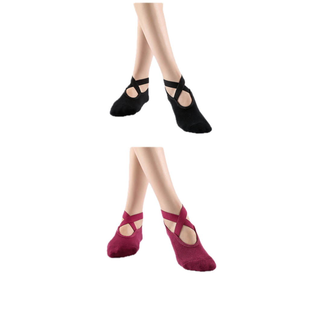 2 Pairs Women's Non-Slip Yoga Socks, Cotton + PVC Grip for Pilates, Barre, Fitness, Fits Size 36-40 - Black Red