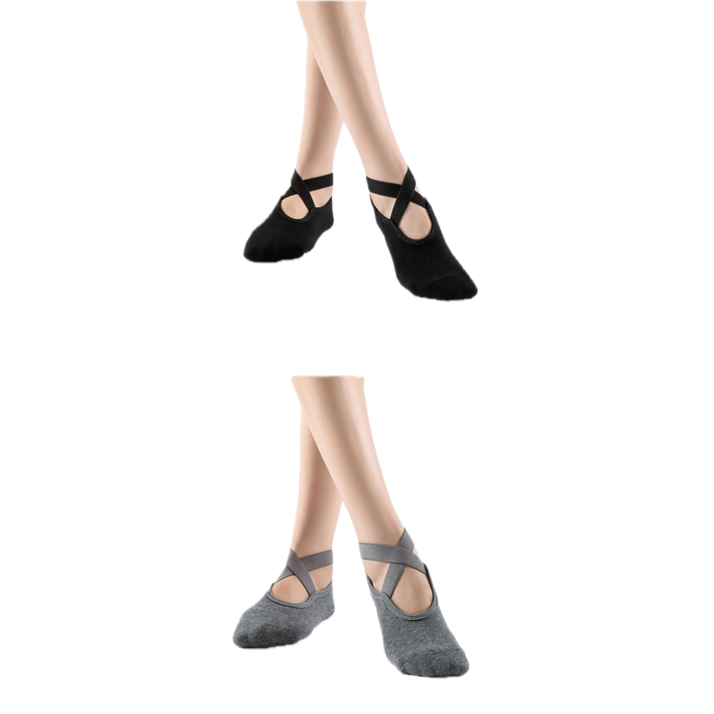 2 Pairs Women's Non-Slip Yoga Socks, Cotton + PVC Grip for Pilates, Barre, Fitness, Fits Size 36-40 - Black Gray