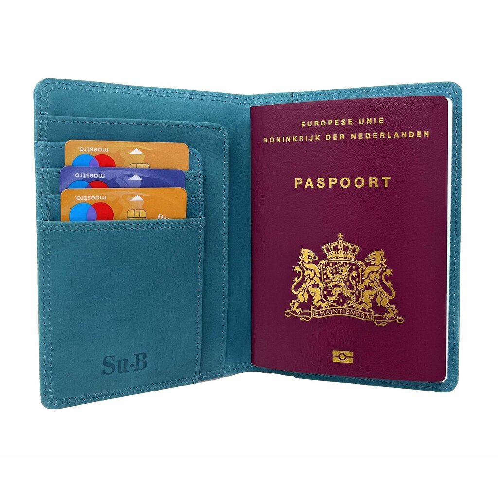 Su.B.dgn Premium Leren Paspoorthouder – Nederlands Design, RFID Bescherming, Duo-Kleur, 3 Kaartsleuven, Extra Vak – Turkoois