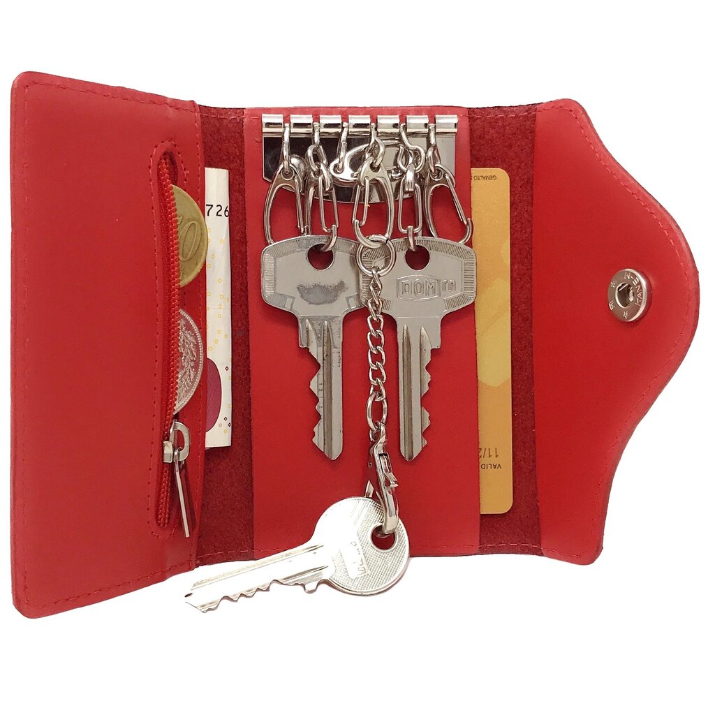 Su.B Leather Key Case – Dutch Design, Compact, 6 Key Hooks, Coin Pocket, Card Slot, Tulip Pocket with Chain – Red