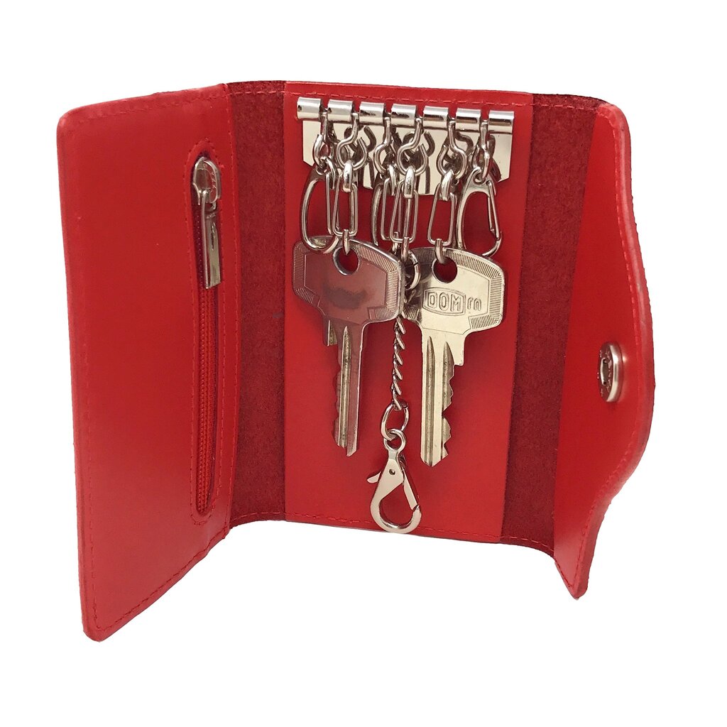 Su.B Leather Key Case – Dutch Design, Compact, 6 Key Hooks, Coin Pocket, Card Slot, Tulip Pocket with Chain – Red