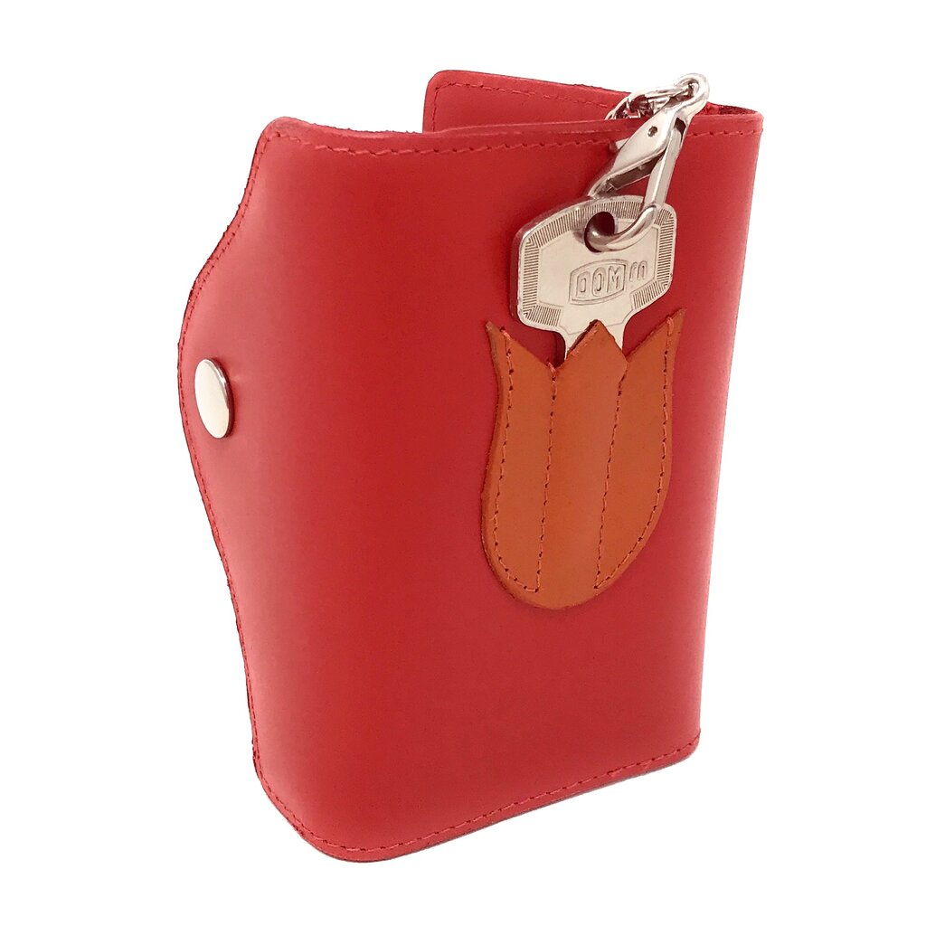 Su.B Leather Key Case – Dutch Design, Compact, 6 Key Hooks, Coin Pocket, Card Slot, Tulip Pocket with Chain – Red