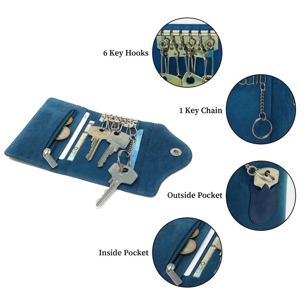 Su.B Leather Key Case – Dutch Design, Compact, 6 Key Hooks, Coin Pocket, Card Slot, Tulip Pocket with Chain – Turquoise