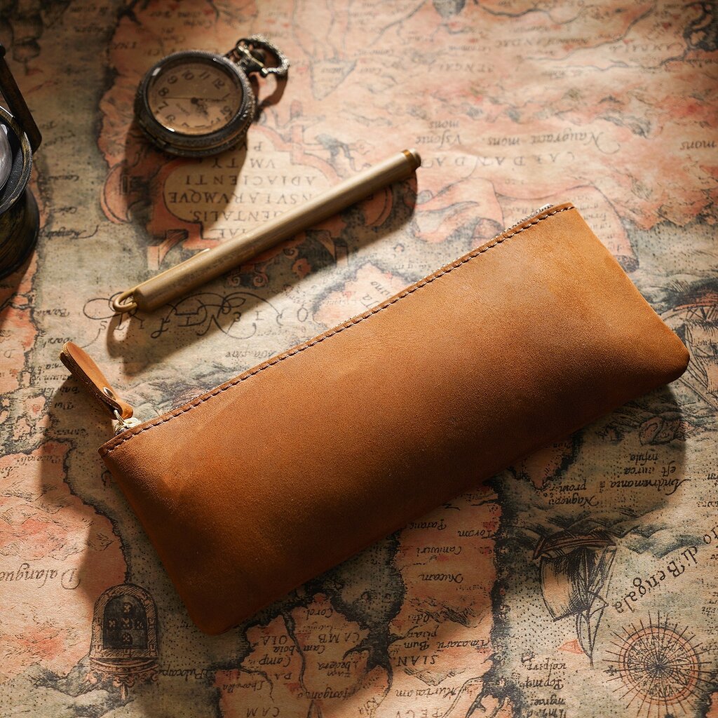 Su.B.dgn Leren Pennenzak – Ritssluiting Etui voor 10 - 15 Pennen, Compact & Lichtgewicht, Klassiek Design, Premium Kwaliteit  - Bruin
