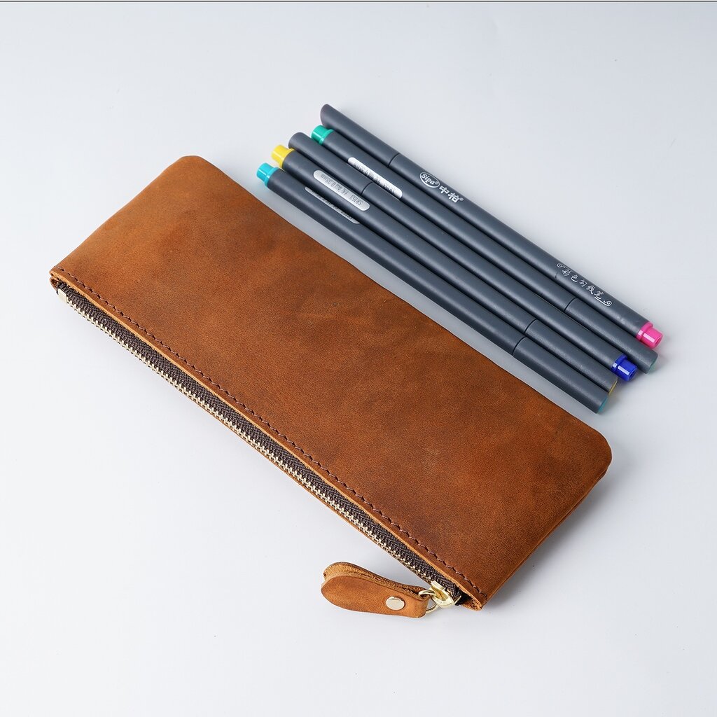 Su.B.dgn Leren Pennenzak – Ritssluiting Etui voor 10 - 15 Pennen, Compact & Lichtgewicht, Klassiek Design, Premium Kwaliteit  - Bruin