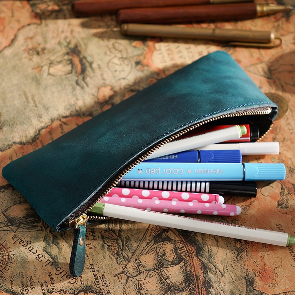 Su.B.dgn Leren Pennenzak – Ritssluiting Etui voor 10-15 Pennen, Compact & Lichtgewicht, Klassiek Design, Premium Kwaliteit  - Blauw