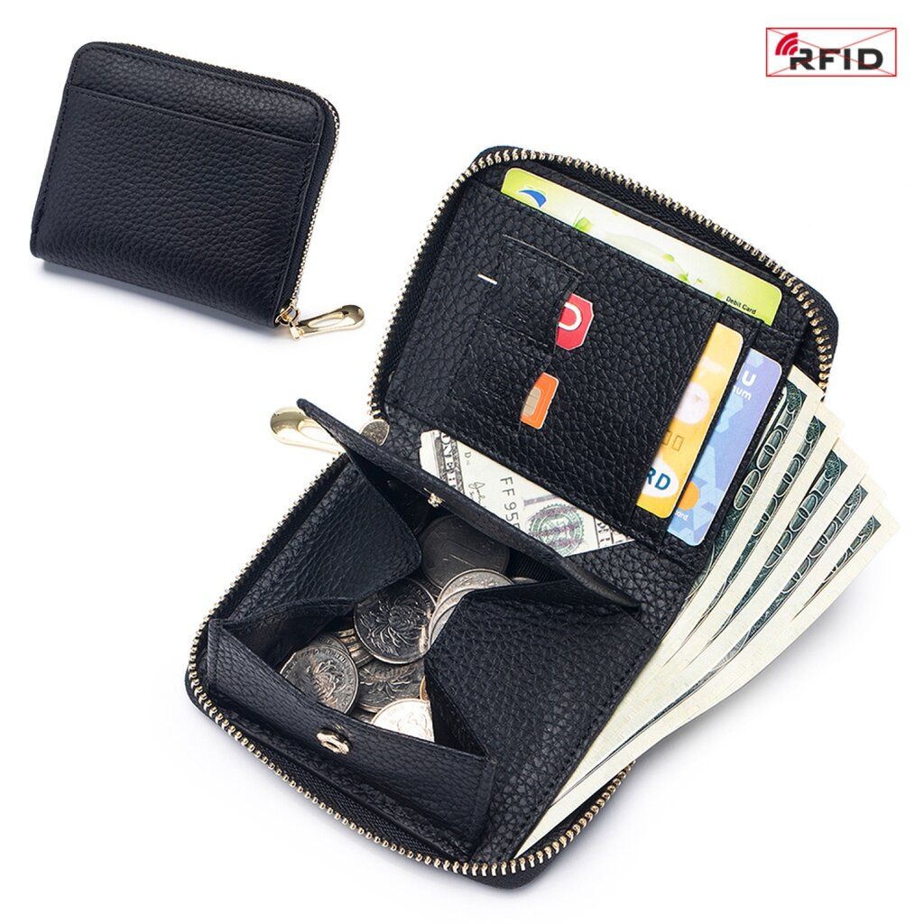 Su.B.dgn RFID Leather Wallet – Compact Zipper Card Holder, Coin and Money Pocket for Men and Women - Black