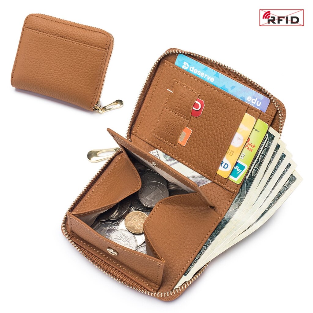 Su.B.dgn RFID Leather Wallet – Compact Zipper Card Holder, Coin and Money Pocket for Men and Women - Brown