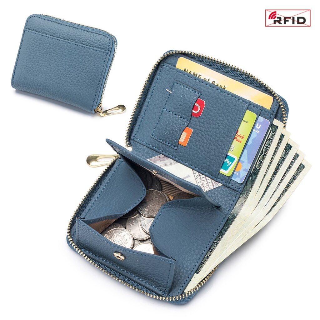 Su.B.dgn RFID Leren Portemonnee – Compacte Rits Kaarthouder, Munt- en Geldvak voor Heren en Dames - Blauw