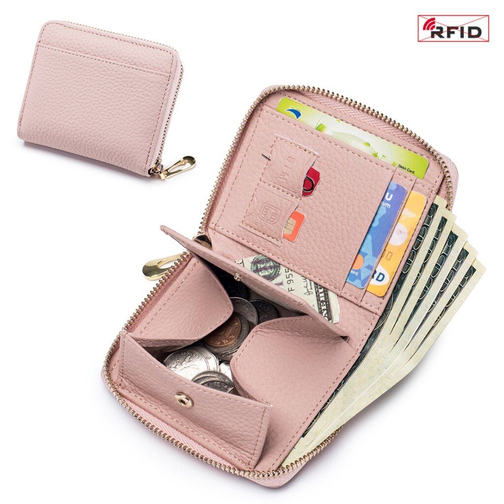 Su.B.dgn RFID Leren Portemonnee – Compacte Rits Kaarthouder, Munt- en Geldvak voor Heren en Dames - Pink