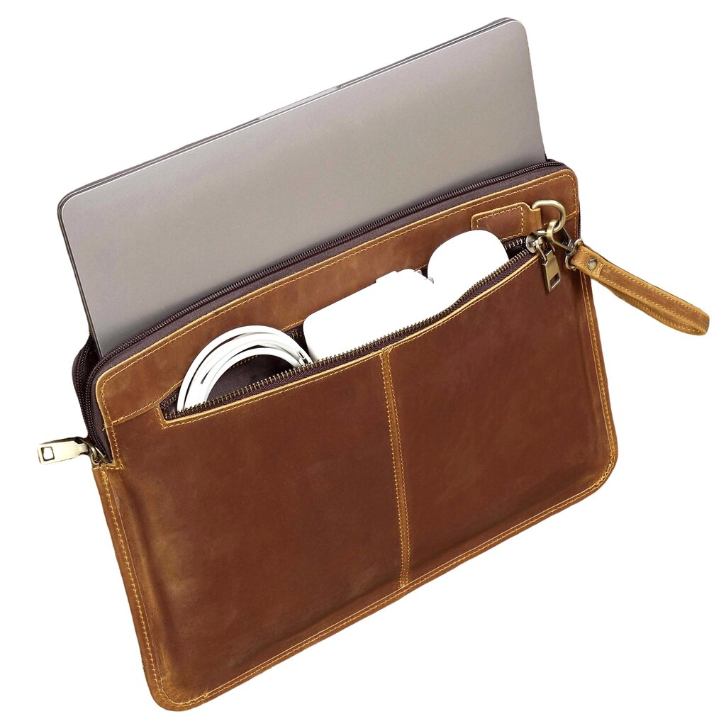 Su.B.dgn Leather Laptop Case 14.2 Inch – Full-Grain Cowhide – Slim Sleeve with Padded Compartment & Large Zip Pocket – Brown