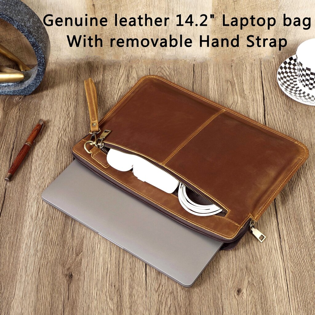 Su.B.dgn Leather Laptop Case 14.2 Inch – Full-Grain Cowhide – Slim Sleeve with Padded Compartment & Large Zip Pocket – Brown