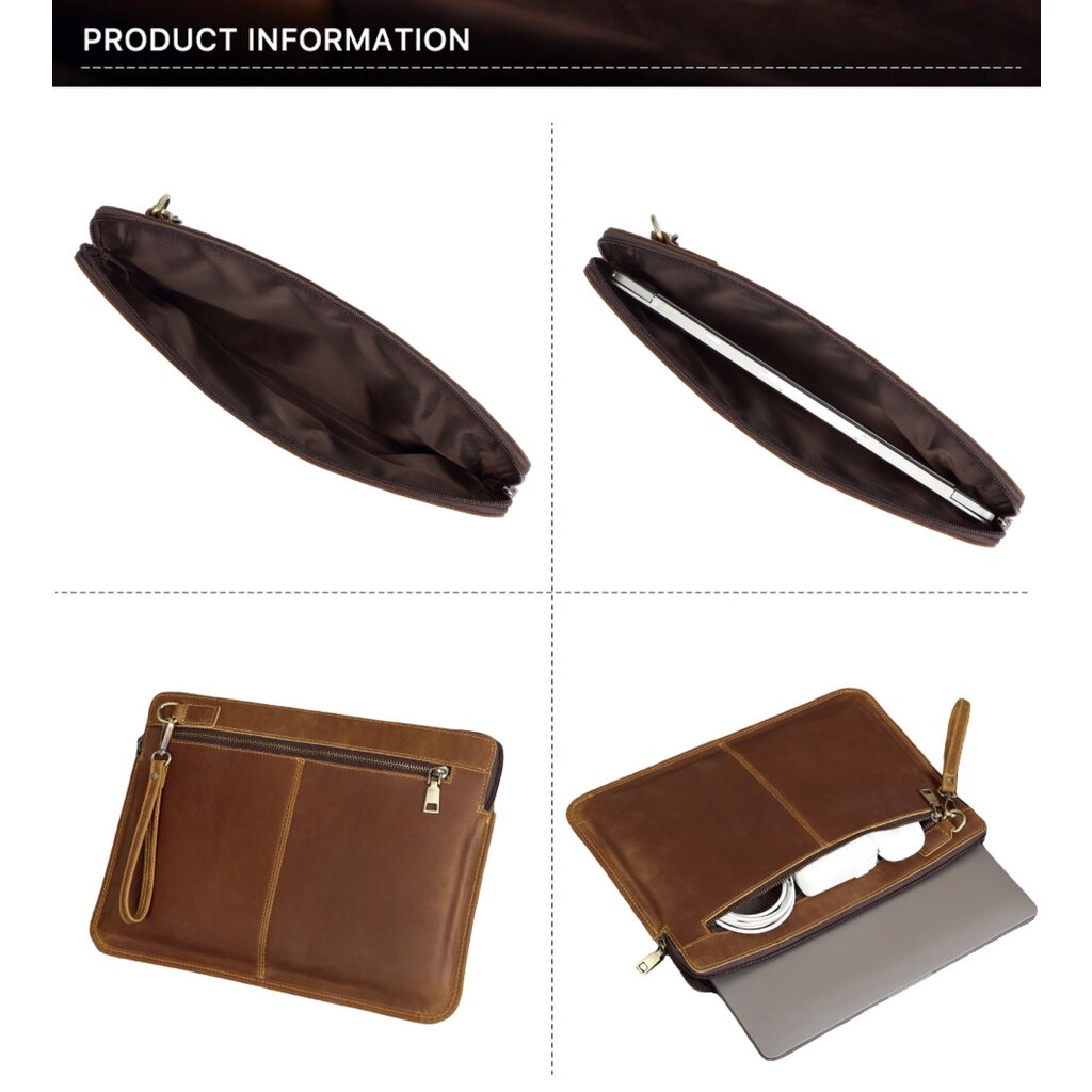 Su.B.dgn Leren Laptophoes 14.2 Inch –Hoogwaardig Volnerfleer – Slanke Sleeve met Gevoerd Vak & Grote Ritsvak– Bruin