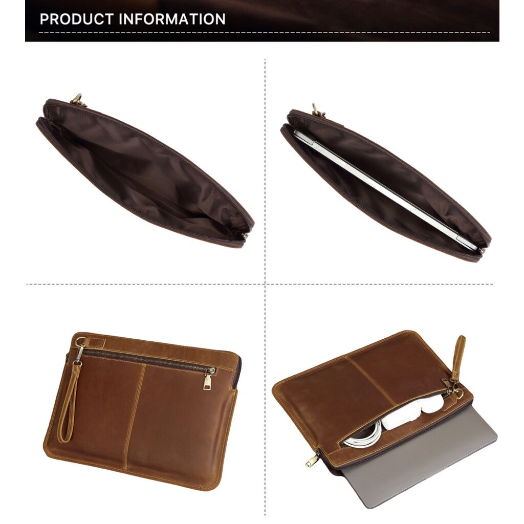 Su.B.dgn Leren Laptophoes 14.2 Inch –Hoogwaardig Volnerfleer – Slanke Sleeve met Gevoerd Vak & Grote Ritsvak– Donkerbruin