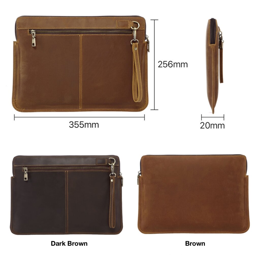 Su.B.dgn Leather Laptop Case 14.2 Inch – Full-Grain Cowhide – Slim Sleeve with Padded Compartment & Large Zip Pocket – Dark  Brown