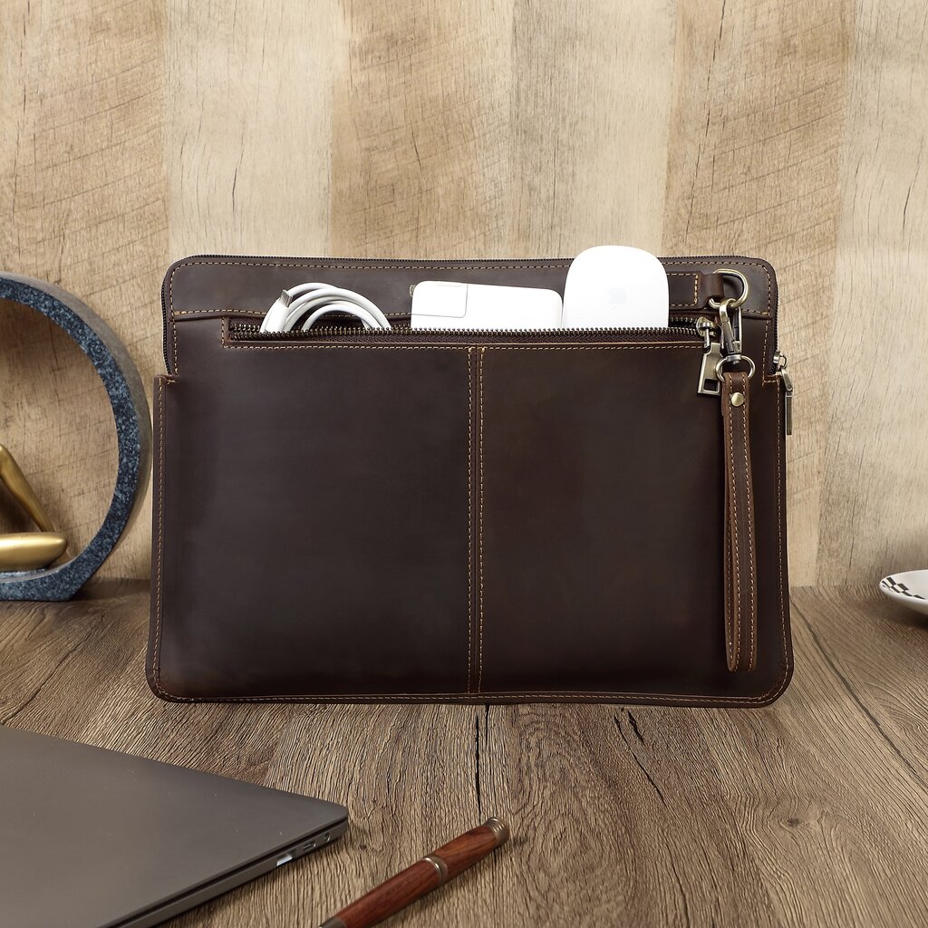 Su.B.dgn Leather Laptop Case 14.2 Inch – Full-Grain Cowhide – Slim Sleeve with Padded Compartment & Large Zip Pocket – Dark  Brown