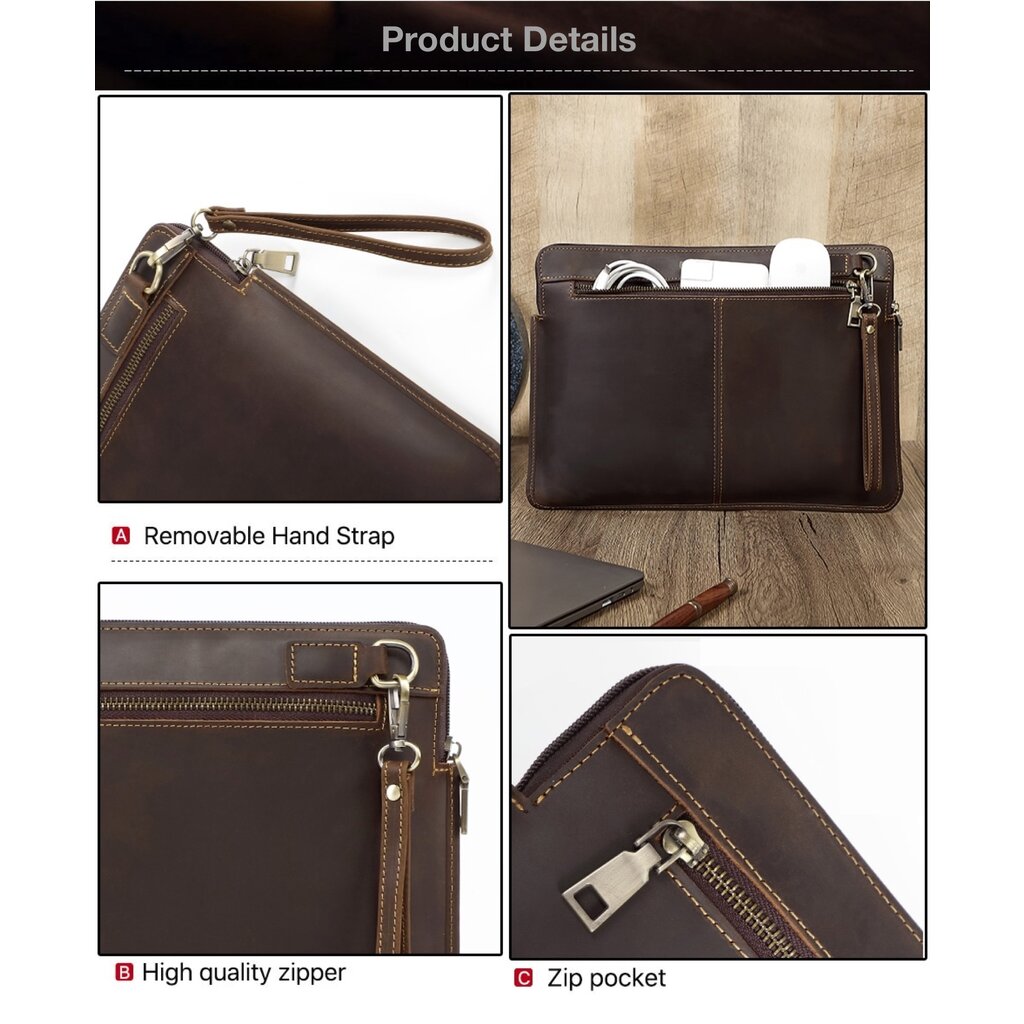 Su.B.dgn Leather Laptop Case 14.2 Inch – Full-Grain Cowhide – Slim Sleeve with Padded Compartment & Large Zip Pocket – Dark  Brown