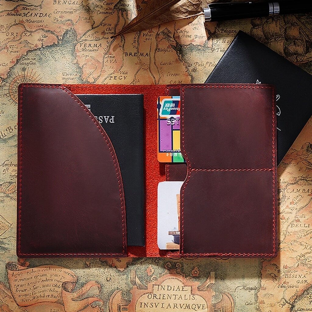 Su.B Leather Passport Holder – Compact Travel Wallet with Card Slots and Ticket Holder for Men and Women - Red