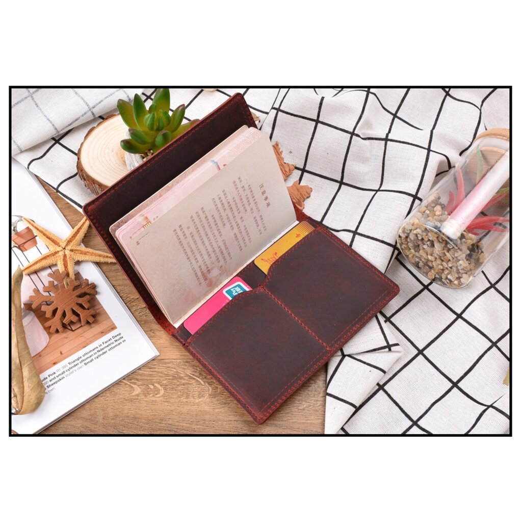 Su.B Leather Passport Holder – Compact Travel Wallet with Card Slots and Ticket Holder for Men and Women - Red