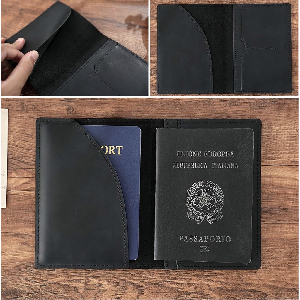 Su.B Leather Passport Holder – Holds Passport, 2 Cards, and an Extra Pocket, Slim and Stylish Travel Wallet -  Black