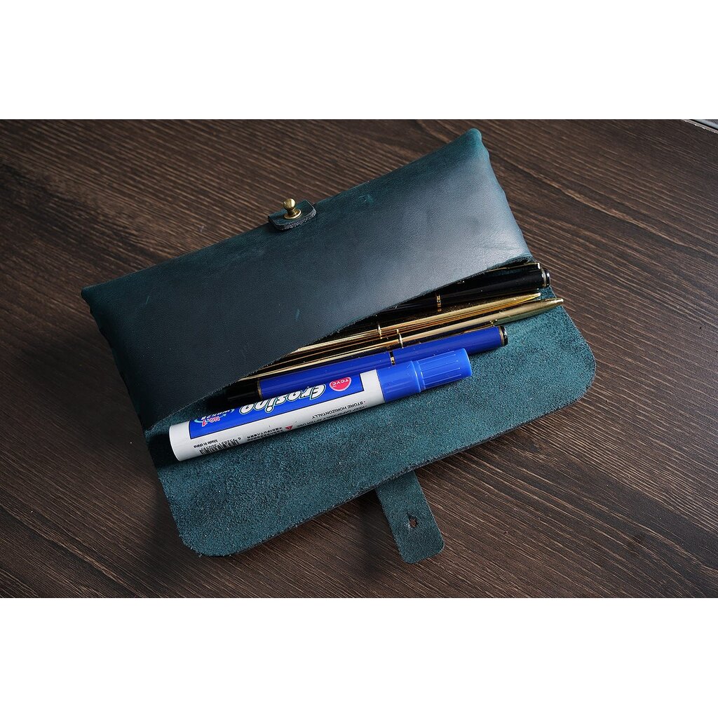 Su.B.dgn Leather Pencil Case in Top-Grain Cowhide – Minimalist Design for 22+ Pens - Blue