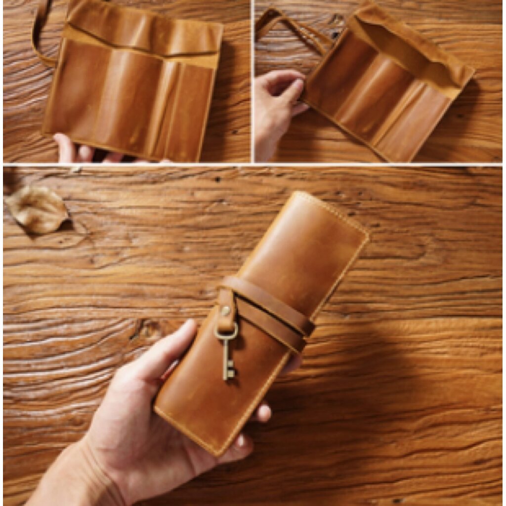 Su.B.dgn Leren Rol Etui van Top-Grain Rundleer – Pennenhouder voor 10 Pennen - Bruin