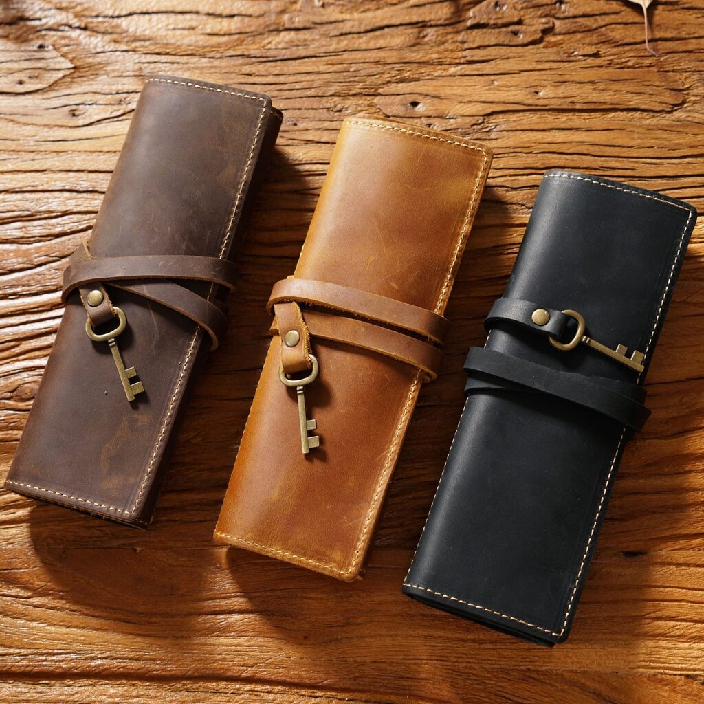 Su.B.dgn Leather Roll Pencil Case in Top-Grain Cowhide – Handmade Organizer for 10 Pencils - Black