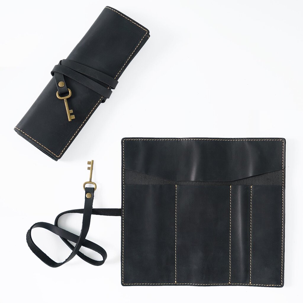Su.B.dgn Leather Roll Pencil Case in Top-Grain Cowhide – Handmade Organizer for 10 Pencils - Black