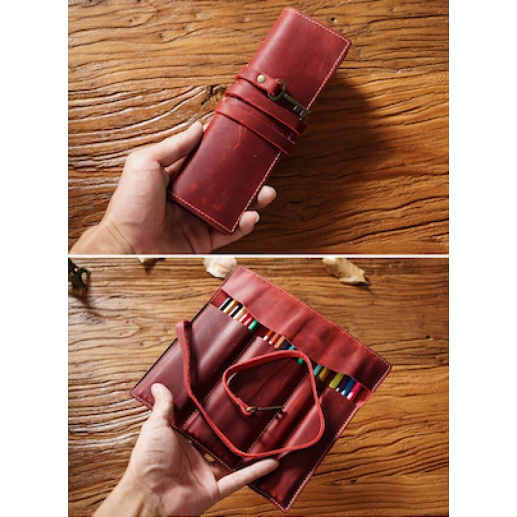 Su.B.dgn Leren Rol Etui van Top-Grain Rundleer – Pennenhouder voor 10 Pennen - Rood