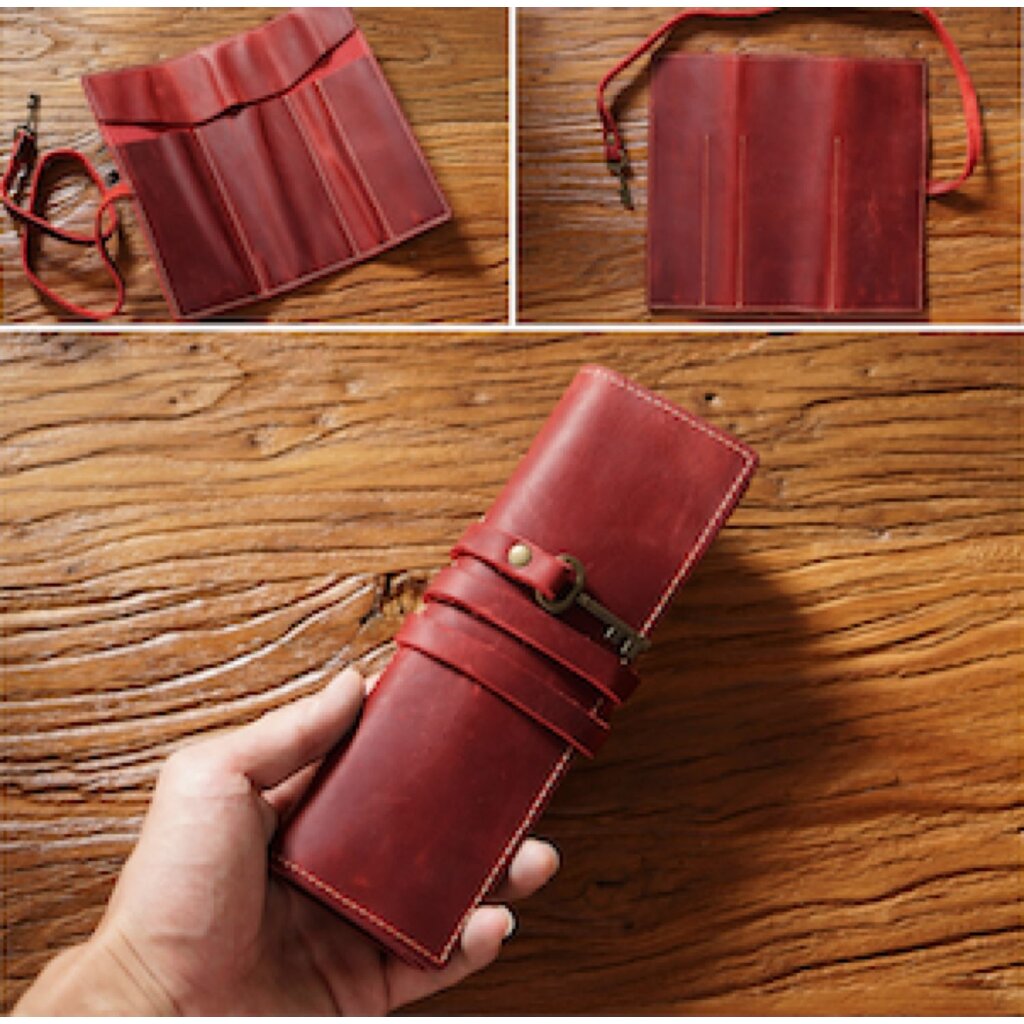 Su.B.dgn Leren Rol Etui van Top-Grain Rundleer – Pennenhouder voor 10 Pennen - Rood