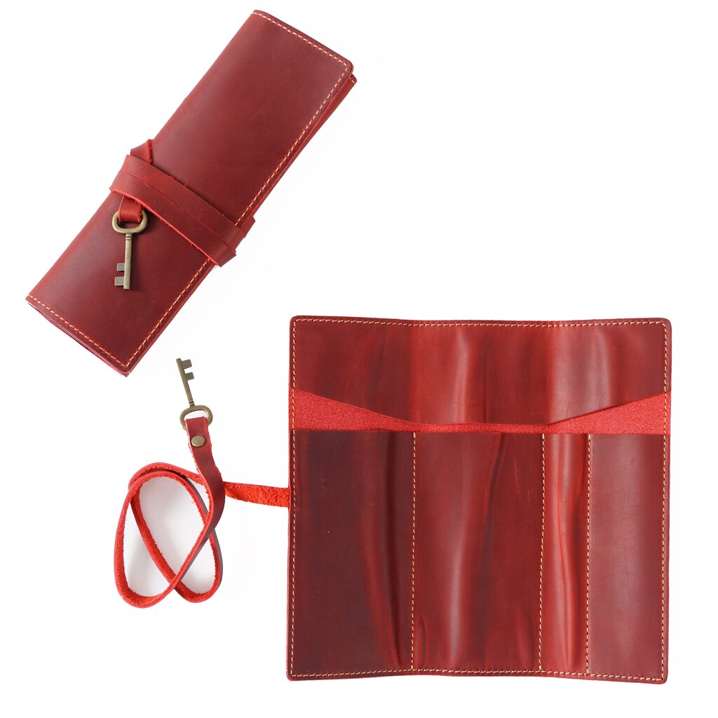 Su.B.dgn Leather Roll Pencil Case in Top-Grain Cowhide – Handmade Organizer for 10 Pencils - Red