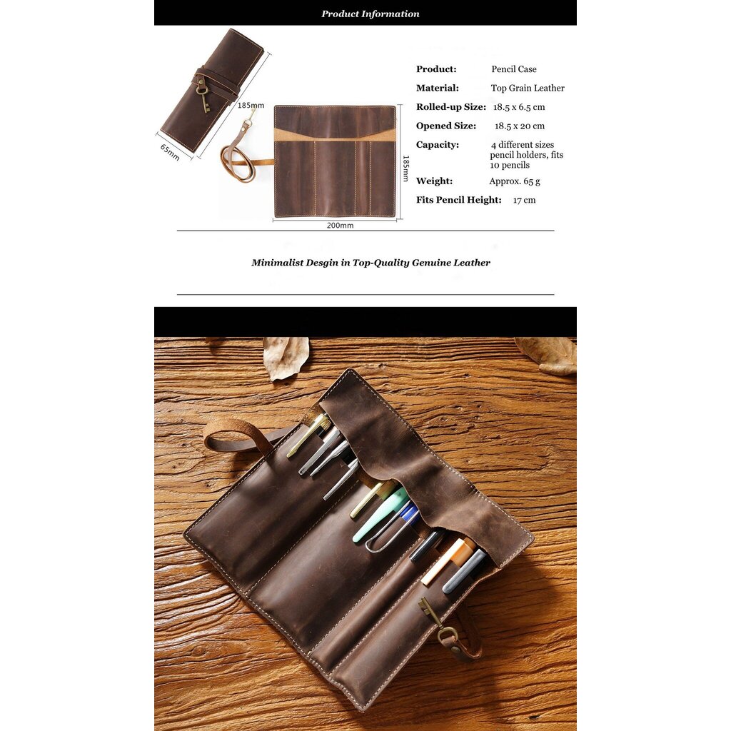 Su.B.dgn Leather Roll Pencil Case in Top-Grain Cowhide – Handmade Organizer for 10 Pencils - Green