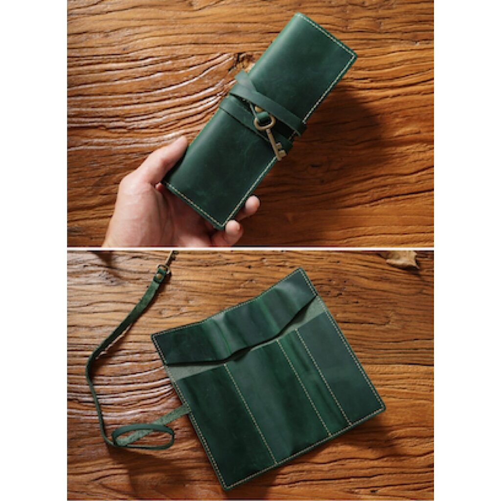 Su.B.dgn Leather Roll Pencil Case in Top-Grain Cowhide – Handmade Organizer for 10 Pencils - Green