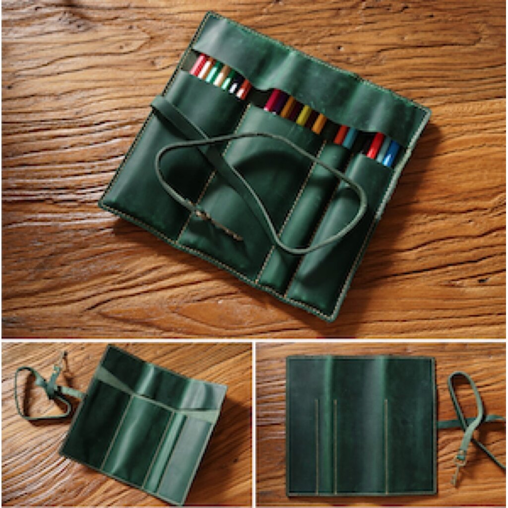 Su.B.dgn Leather Roll Pencil Case in Top-Grain Cowhide – Handmade Organizer for 10 Pencils - Green