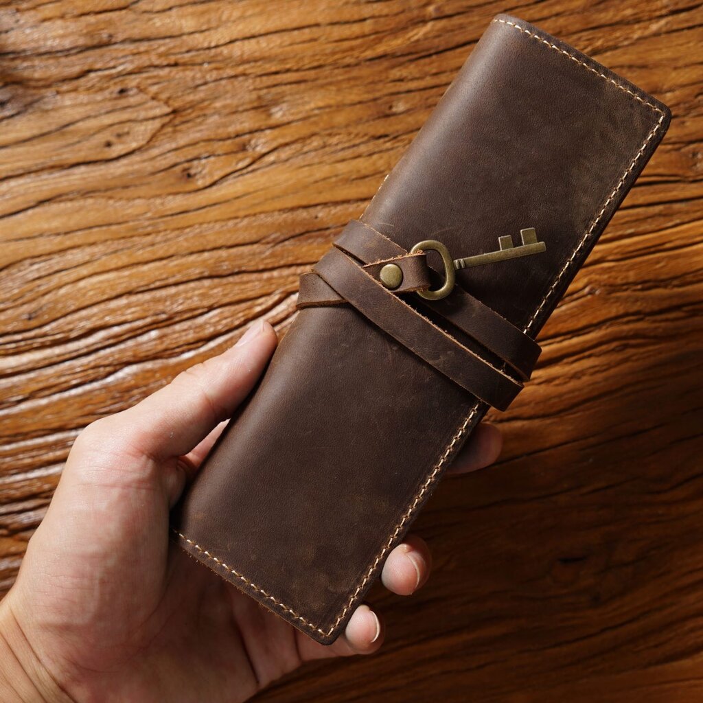 Su.B.dgn Leather Roll Pencil Case in Top-Grain Cowhide – Handmade Organizer for 10 Pencils - Coffee